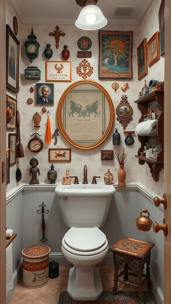 A cozy powder room filled with vintage decor and personal artifacts, showcasing a unique storytelling design.