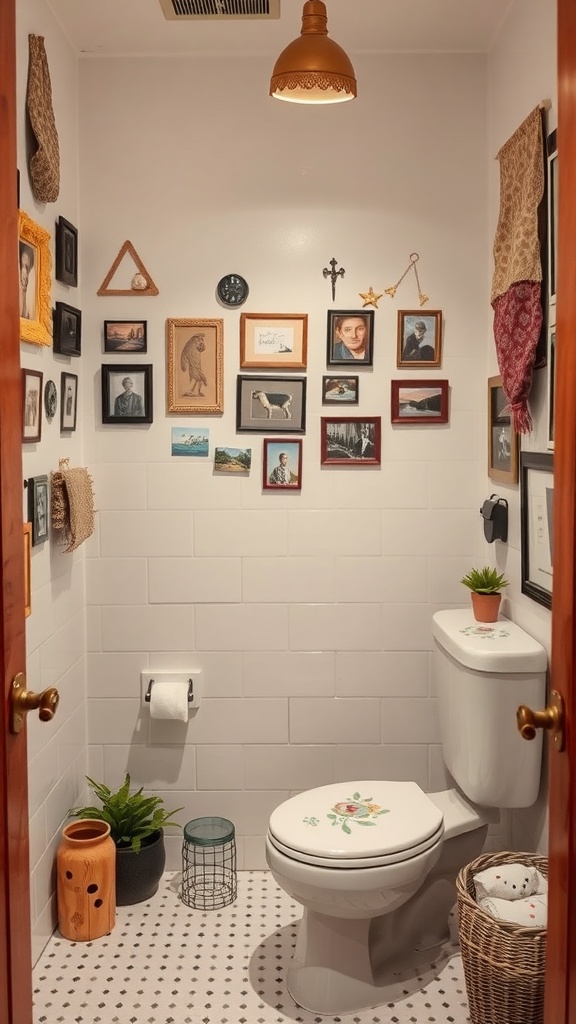 A cozy bathroom with a gallery wall of framed pictures and plants, showcasing personalized decor.