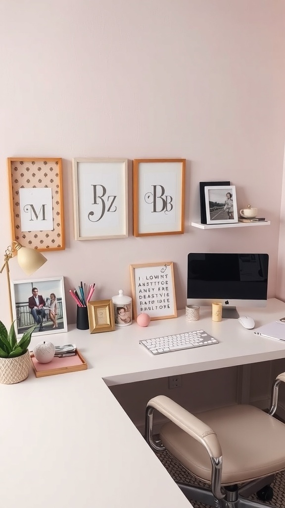 A chic home office with personalized decor including framed initials, photos, and colorful stationery.