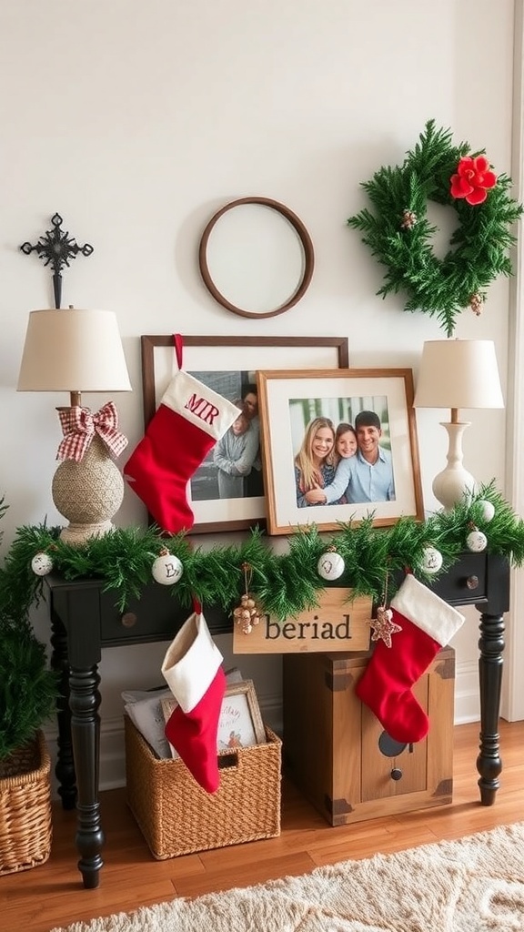 A decorated entryway table with family photos, stockings, and festive greenery.