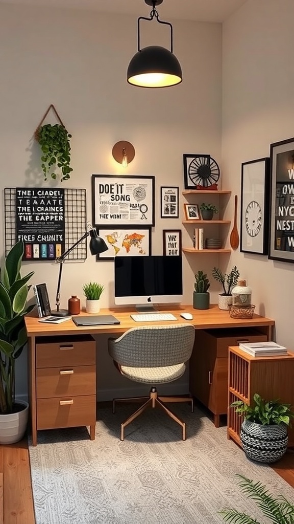 A cozy triangle nook workspace featuring a wooden desk, computer, plants, and wall art.