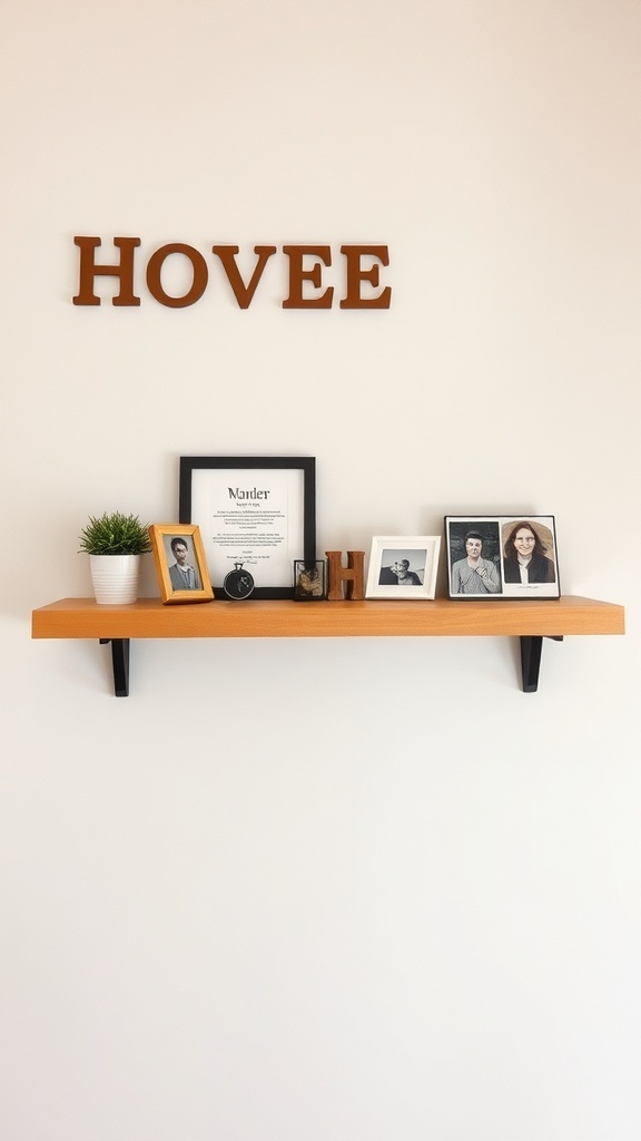A shelf with the name 'HOVEE', framed photos, a plant, and a certificate.