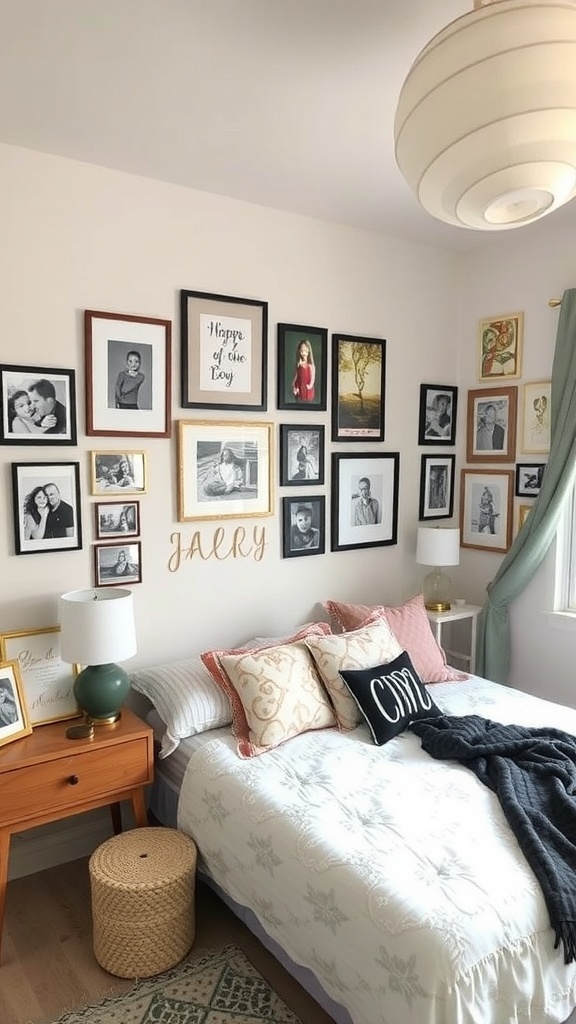 A cozy bedroom with a gallery wall of framed photos and decorative pillows on the bed.