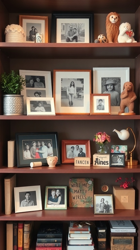 A cozy bookshelf filled with family photos in various frames, decorative items, and books, showcasing a personalized and playful home decor.