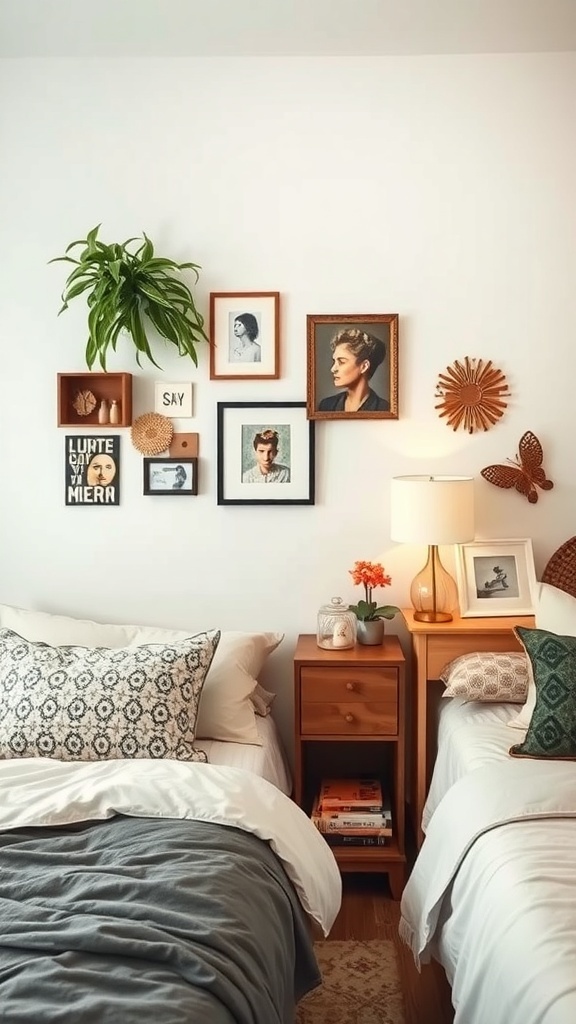 Cozy bedroom with personalized wall art, plants, and decorative pillows