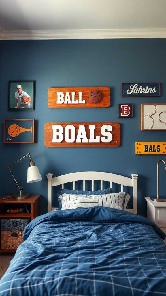 A stylish boys' bedroom wall with personalized sports-themed wall art, featuring wooden signs and framed athlete pictures.