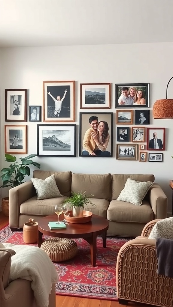 A cozy living room with a gallery wall of personalized framed photos and art, featuring a comfortable sofa and warm decor.