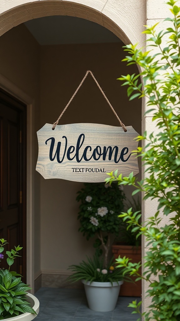 A personalized wooden welcome sign hanging in an entryway surrounded by plants.