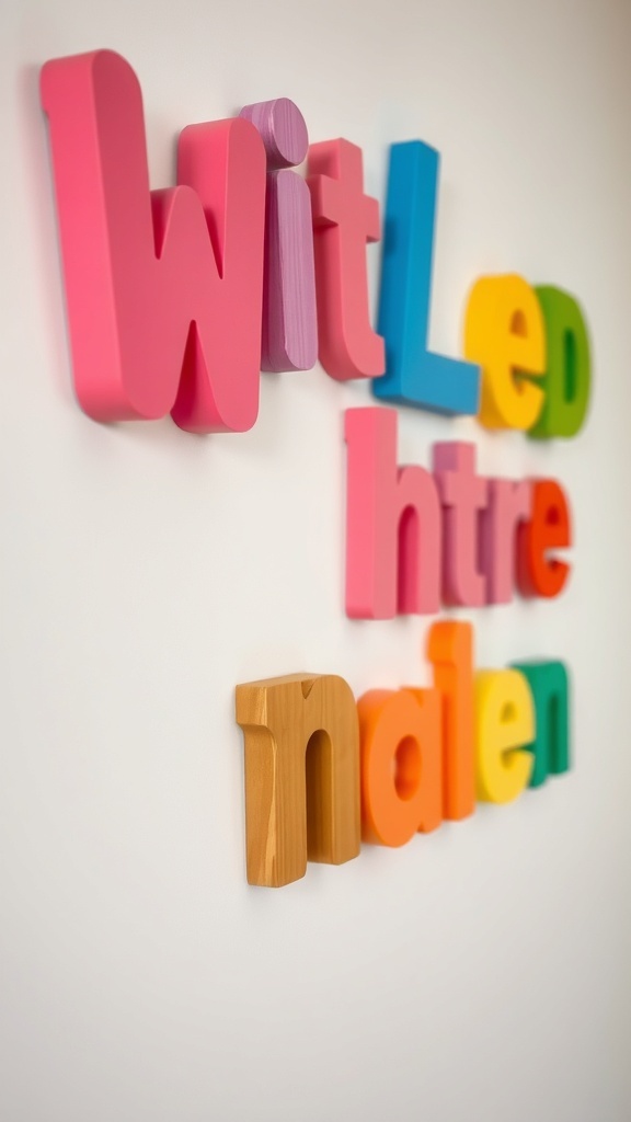 Colorful wooden name cutouts on a wall, showcasing playful letters in various colors.
