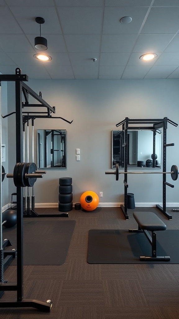 A personalized workout station featuring a bench, weights, and mirrors in a well-lit home gym.