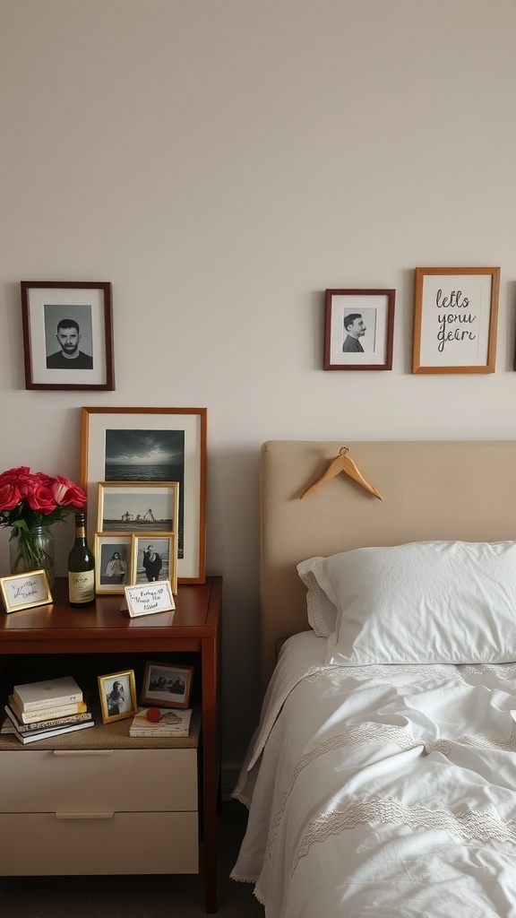 A cozy bedroom with personal accessories including framed photos, roses, and a bottle of wine.