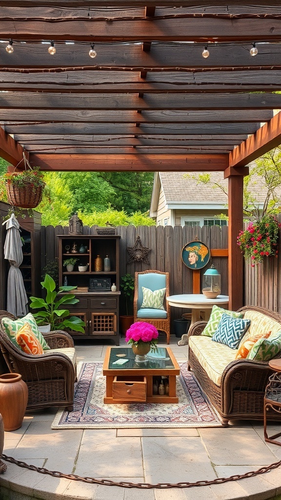 A cozy pergola patio with comfortable seating, vibrant cushions, and decorative plants.