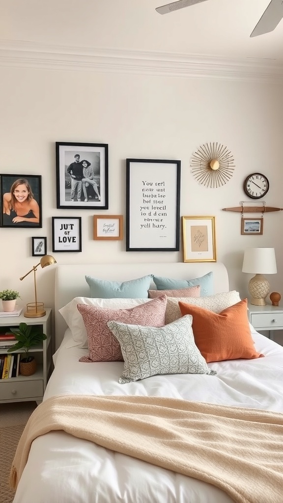 A stylish black and white bedroom with a cozy bed, colorful pillows, and a gallery wall of framed photos and art.