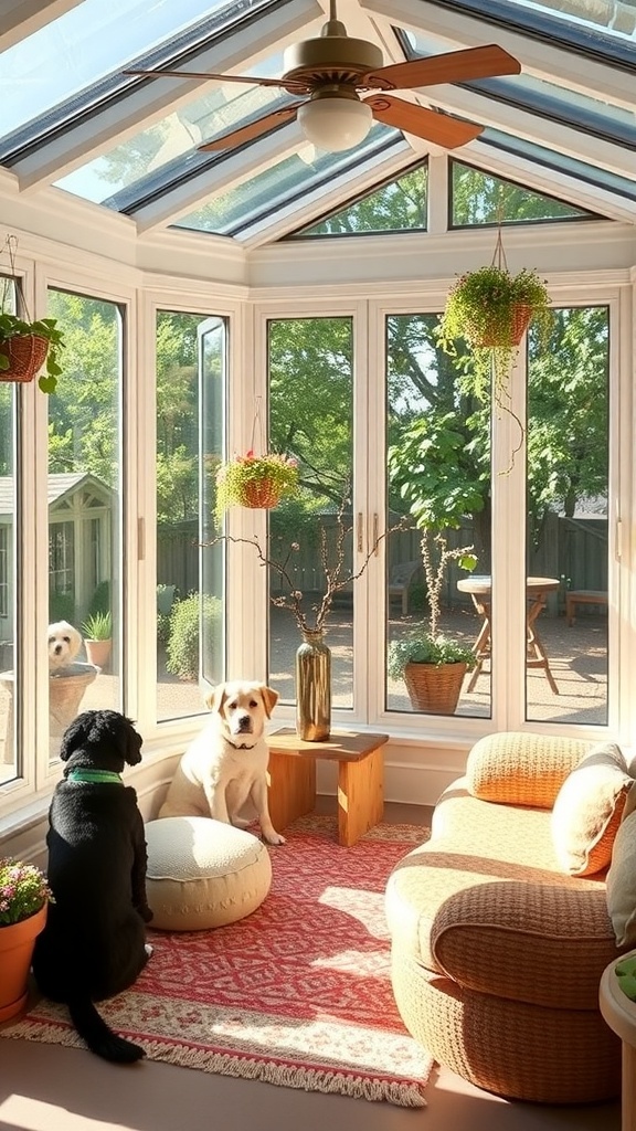 A bright sunroom with two dogs, one sitting on a cushion and the other looking out the window, surrounded by plants and comfortable furniture.