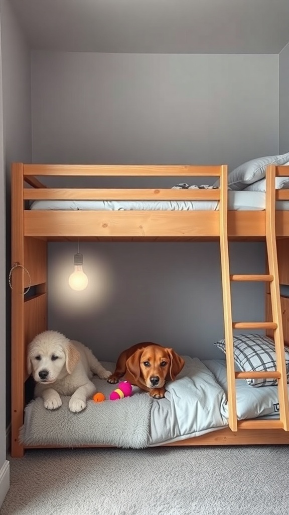 Two dogs relaxing on a soft blanket under a bunk bed, with toys nearby and a warm light above.