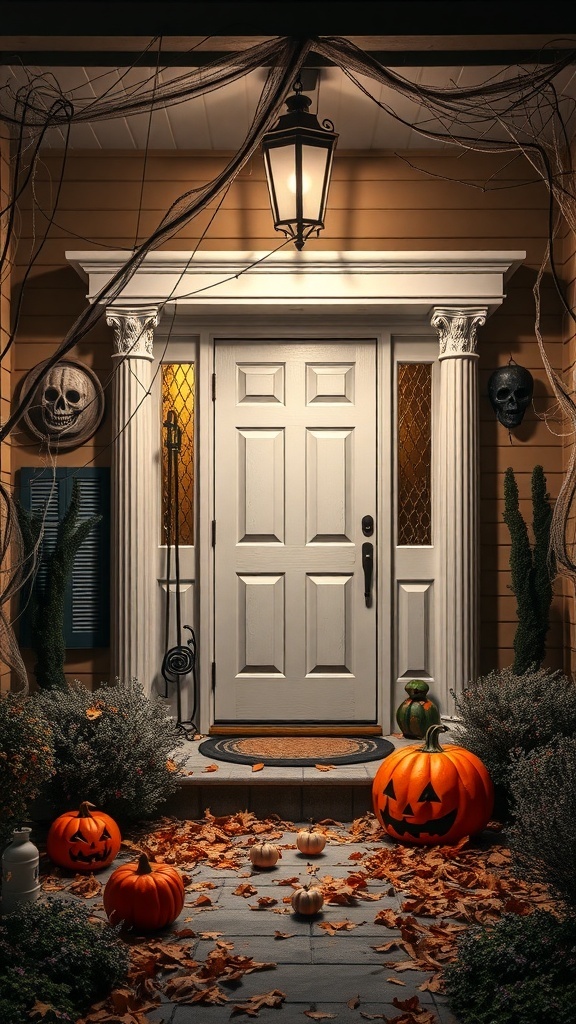 Halloween porch with cobwebs, pumpkins, and a welcoming door