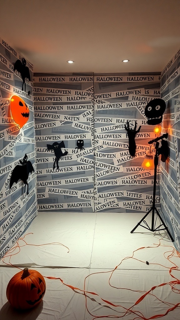 A Halloween-themed photo booth backdrop made with fright tape, featuring silhouettes of bats and pumpkins.