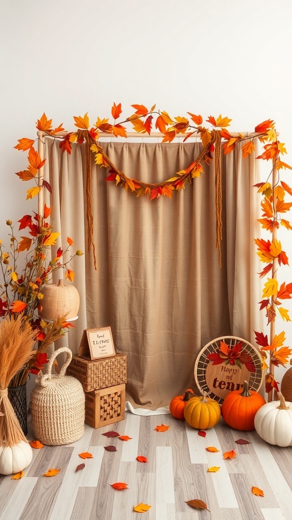 A festive photo booth corner decorated with fall leaves, pumpkins, and cozy elements.
