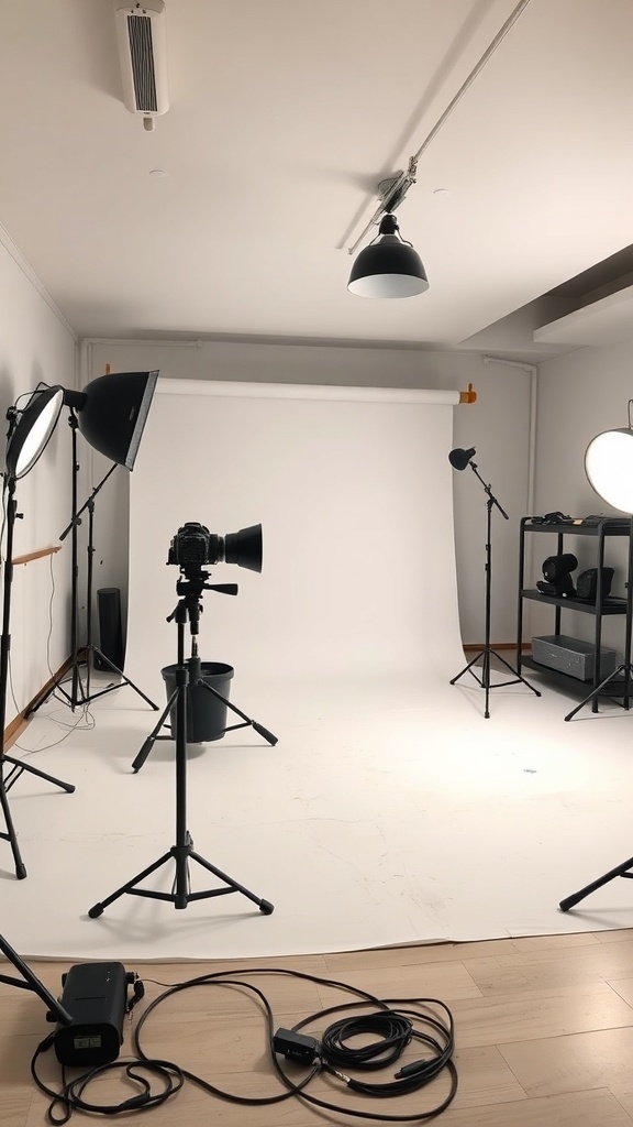 A photography studio setup featuring a white backdrop, lighting equipment, and organized storage.