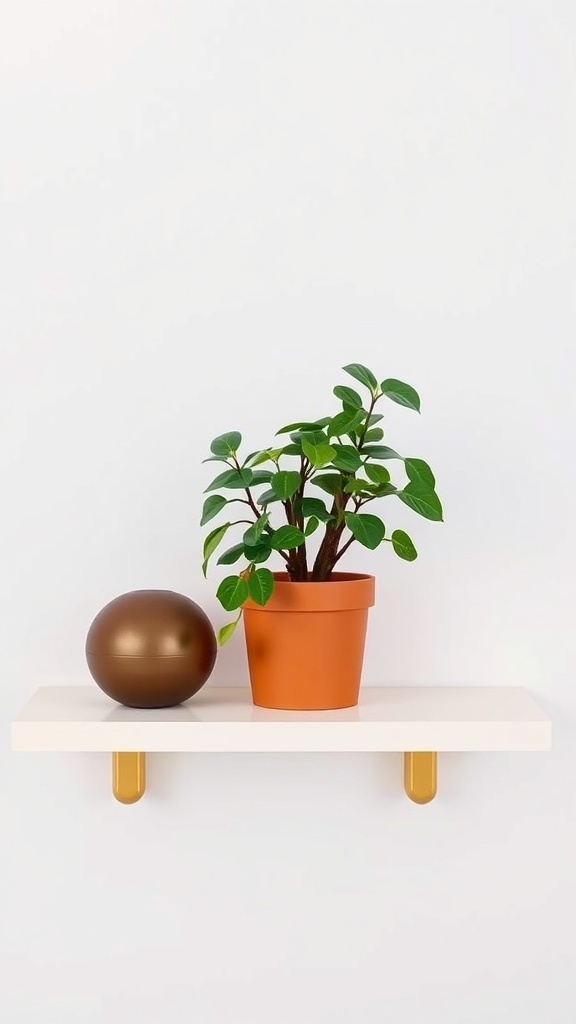 A Pilea Peperomioides plant in a terracotta pot on a white shelf with a decorative golden orb.