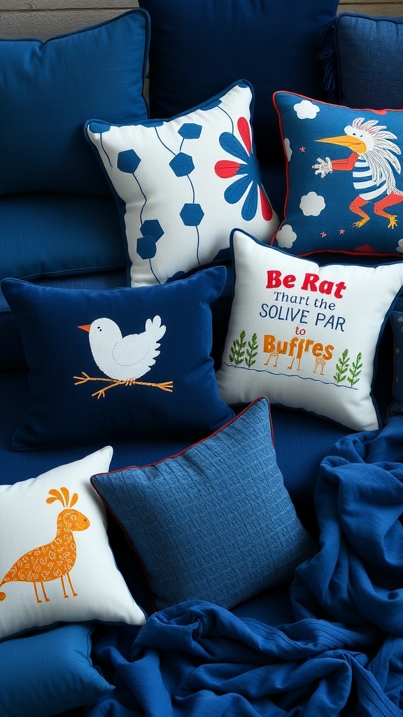 An assortment of decorative pillows in navy blue and vibrant patterns on a bed.