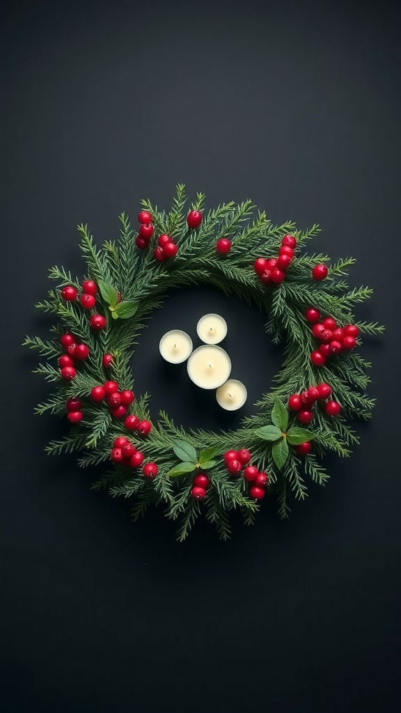 A pine and berry wreath centerpiece with three white candles in the middle.