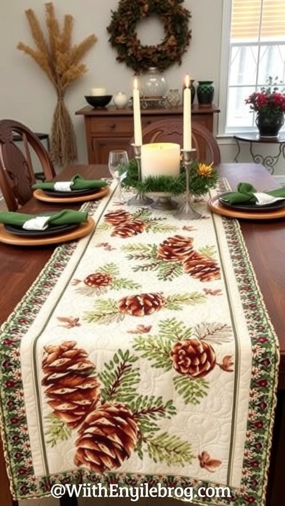 A quilted table runner featuring pinecones and evergreen branches, set on a dining table with candles and dishware.