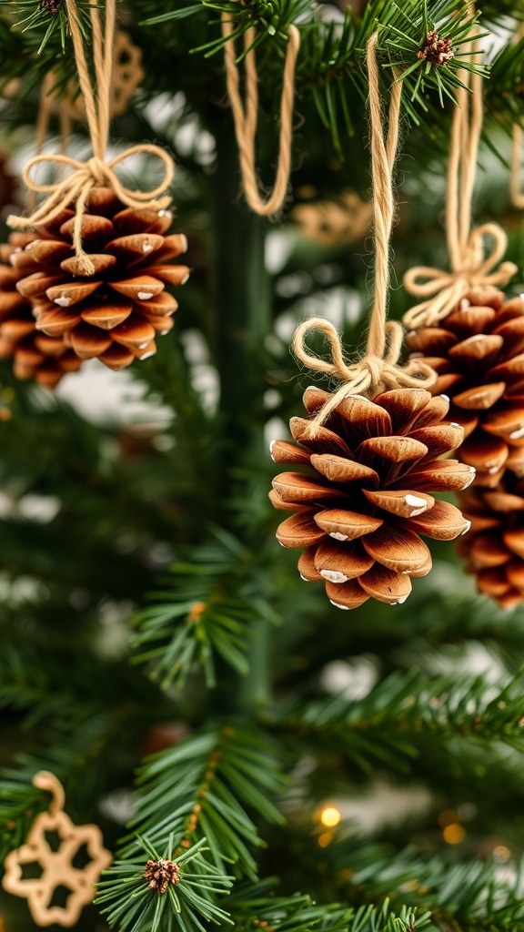 Pinecone ornaments hanging on a Christmas tree, decorated with twine and a touch of white paint.