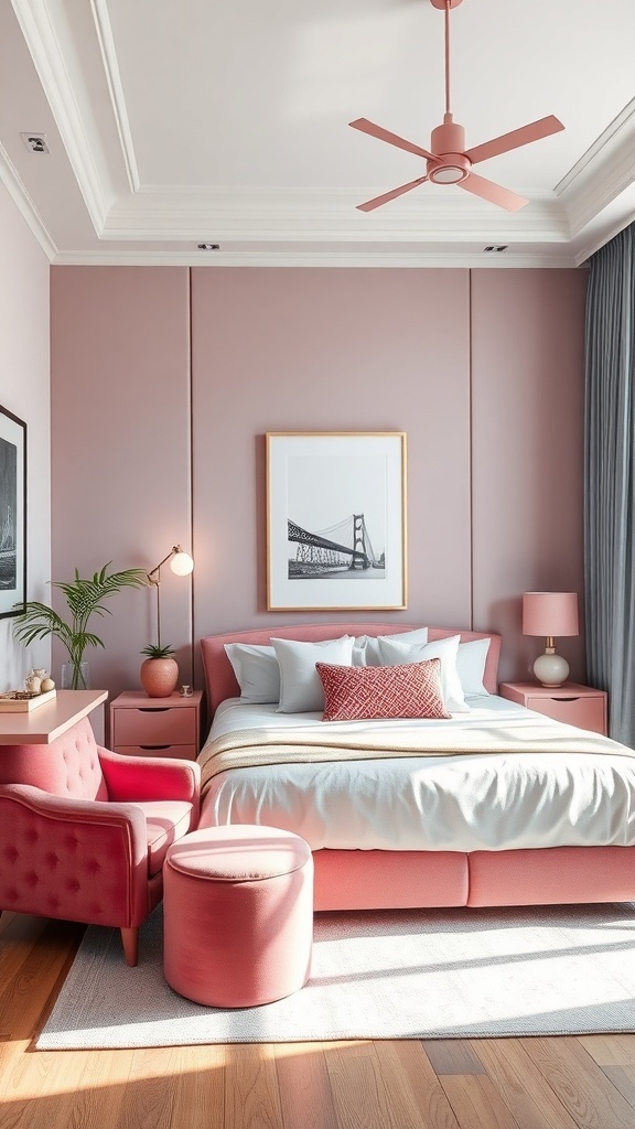 A chic pink bedroom featuring pink accent furniture, including an armchair, ottoman, and nightstand.