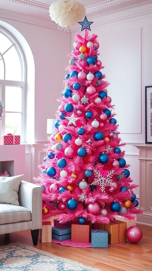 A bright pink Christmas tree decorated with blue and pink ornaments, surrounded by colorful wrapped gifts.