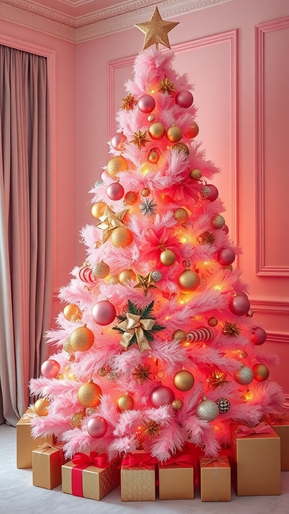 A pink Christmas tree decorated with gold ornaments and surrounded by wrapped gifts.