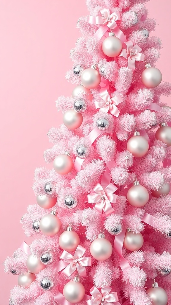 A pink Christmas tree decorated with silver ornaments and pink bows.