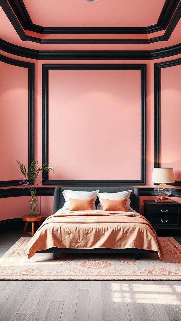 A chic bedroom featuring pink walls with black trim, a black bed frame, and soft bedding.