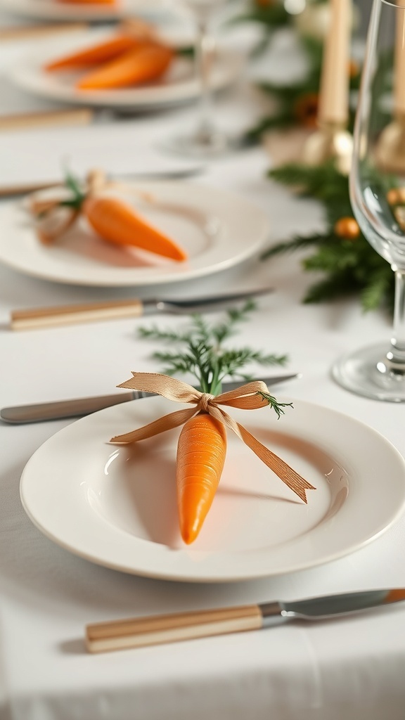 A dining table set for Easter with wooden carrots tied with ribbon on each plate.