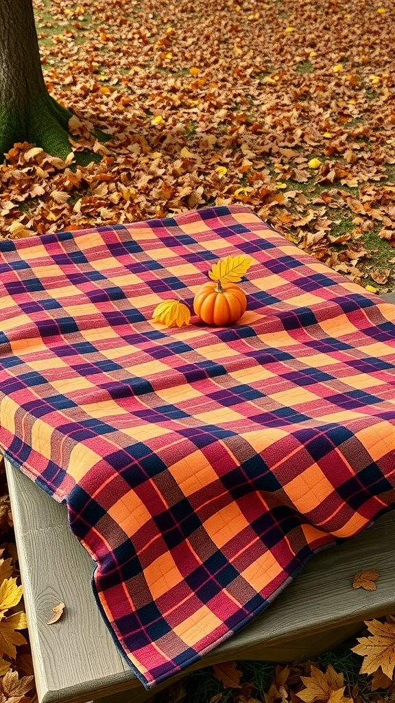 Plaid-inspired quilt pattern featuring orange and navy squares on a wooden table with a pumpkin and autumn leaves.