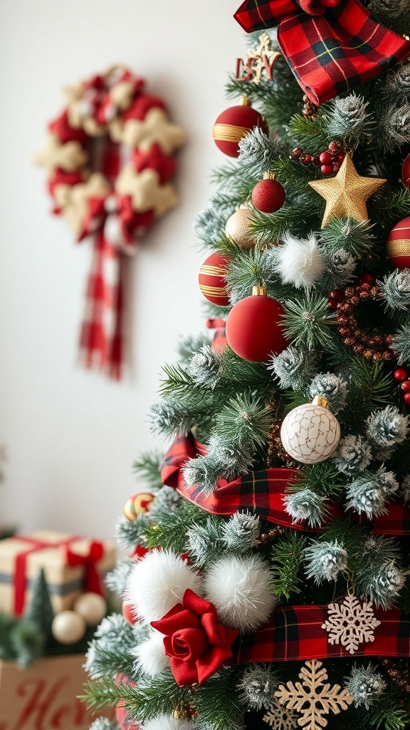 A beautifully decorated Christmas tree with plaid ribbons and faux fur accents.