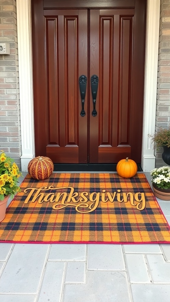 A plaid doormat with the word 'Thanksgiving' in front of a double door, flanked by pumpkins and potted flowers.