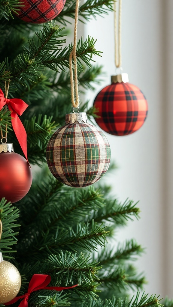 Plaid ornaments hanging on a Christmas tree
