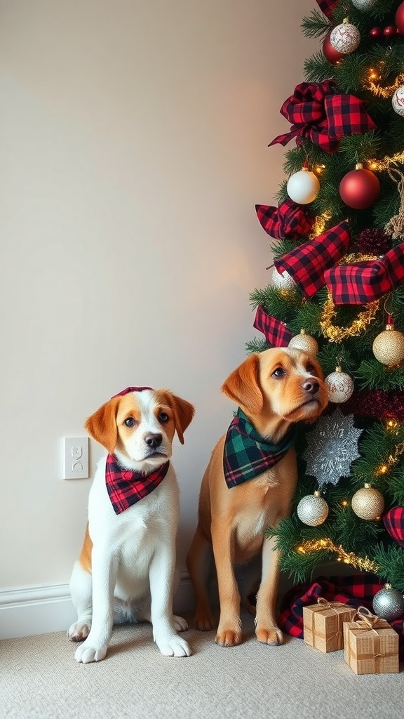 Two dogs wearing plaid bandanas sitting next to a decorated Christmas tree