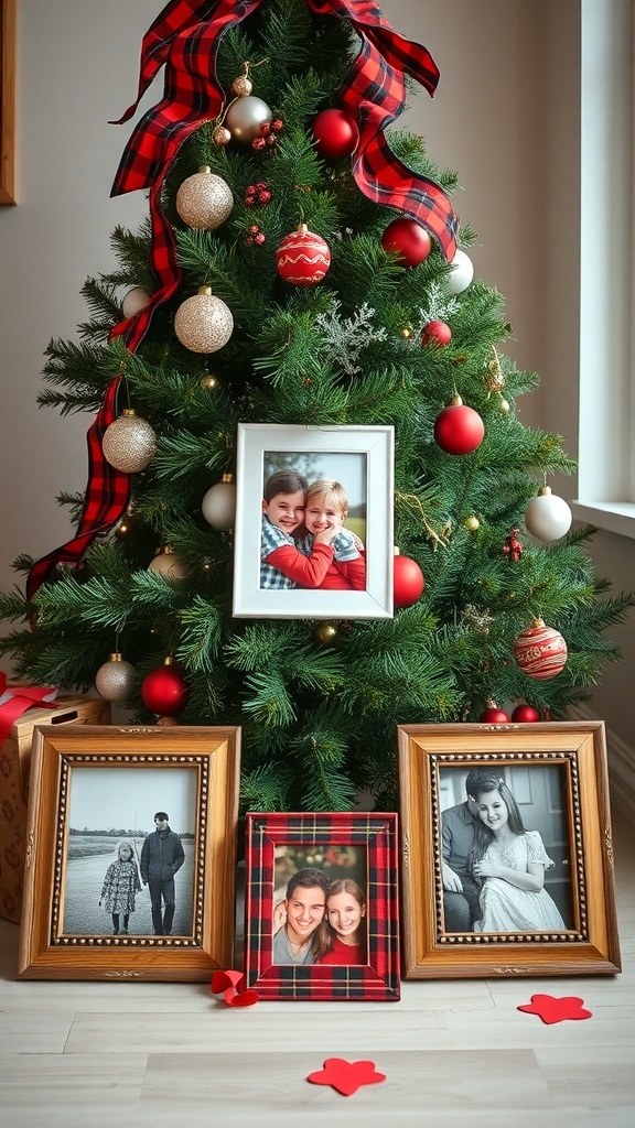 A Christmas tree decorated with plaid photo frames and ornaments.