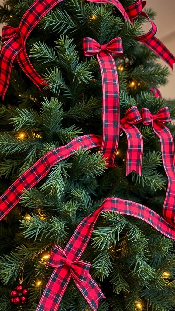 A close-up of a Christmas tree decorated with red and black plaid ribbons.