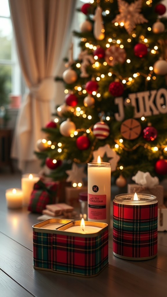 Plaid scented candles in front of a decorated Christmas tree