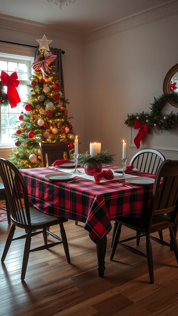 A cozy dining table set with a plaid tablecloth, white plates, and candles, with a decorated Christmas tree in the background.