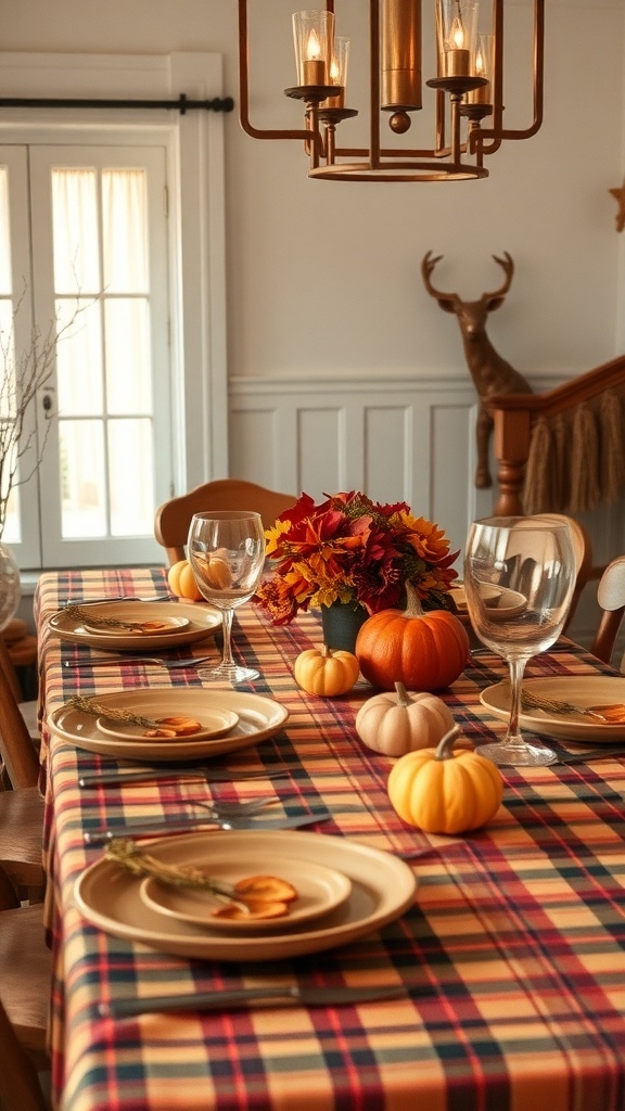 A beautifully set Thanksgiving table with a plaid tablecloth, pumpkins, and a floral centerpiece.