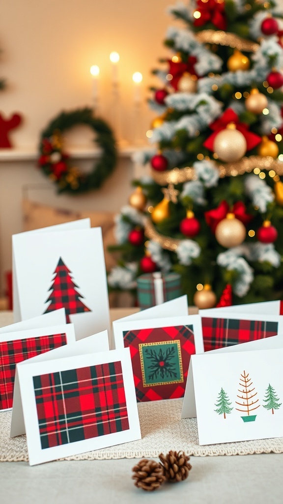 A collection of plaid themed holiday cards displayed on a table with a Christmas tree in the background.