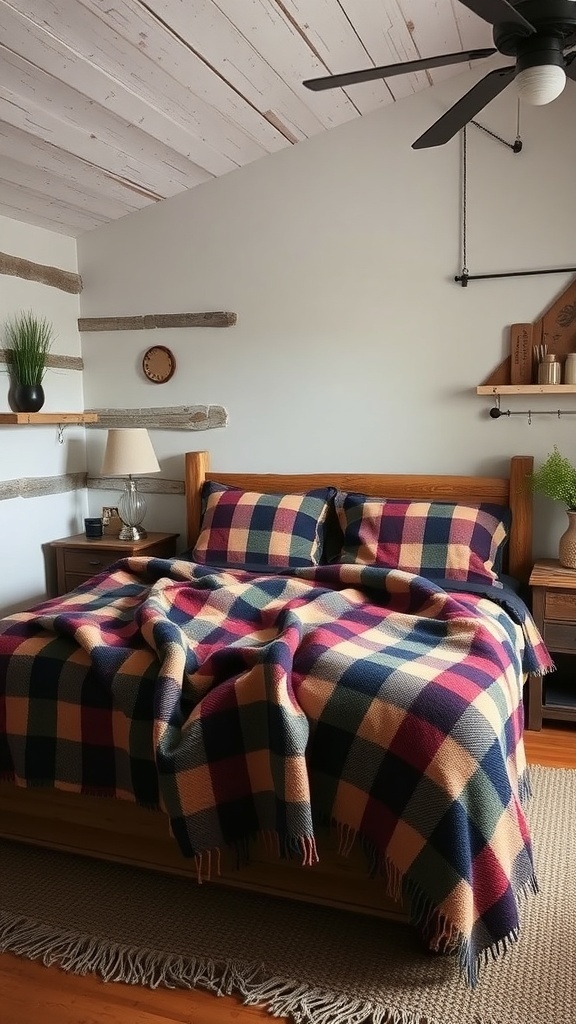A cozy bedroom featuring a plaid throw blanket on the bed, creating a warm and inviting atmosphere.
