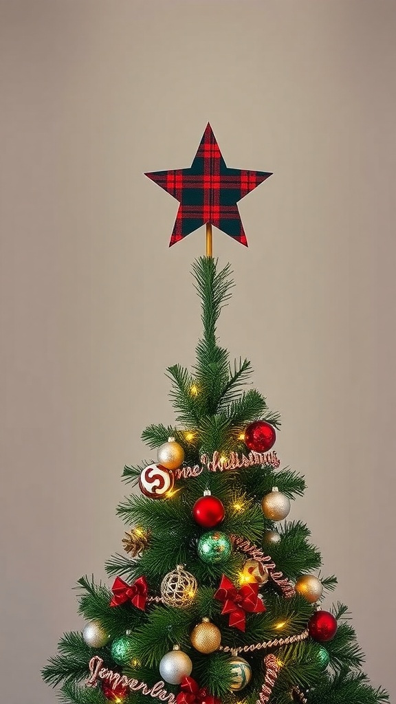 A plaid star tree topper on a Christmas tree with colorful ornaments and lights.