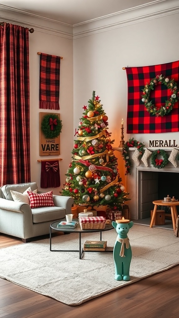 Cozy holiday living room with plaid wall hangings and a decorated Christmas tree.