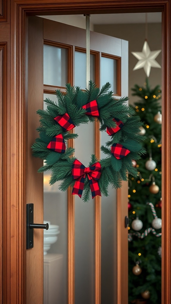 A green wreath with red and black plaid ribbons hanging on a wooden door, with a Christmas tree in the background.