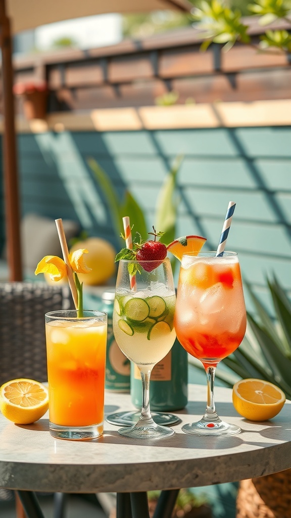 A colorful outdoor drink station featuring three cocktails with garnishes, set on a table with lemons and a green background.